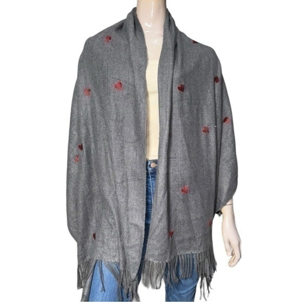 Jayley Women’s Size 27 x 78 Dark Grey Red Heart Embroidered Fringe Wrap Scarf